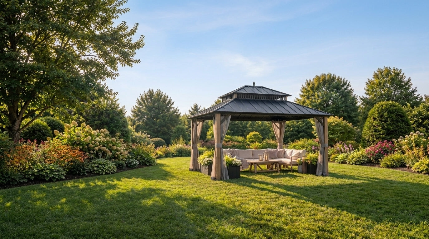 Gazebo with outdoor furniture in a garden setting
