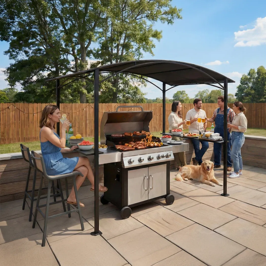 People gathered around a barbecue grill under a gazebo on a sunny day.