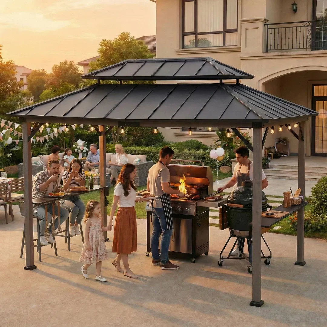 Family gathered around a barbecue grill under a gazebo on a patio.