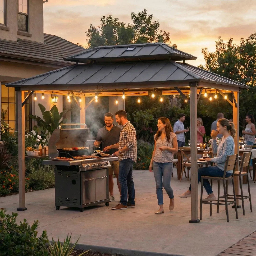 People socializing around a grill in an outdoor gazebo during sunset.