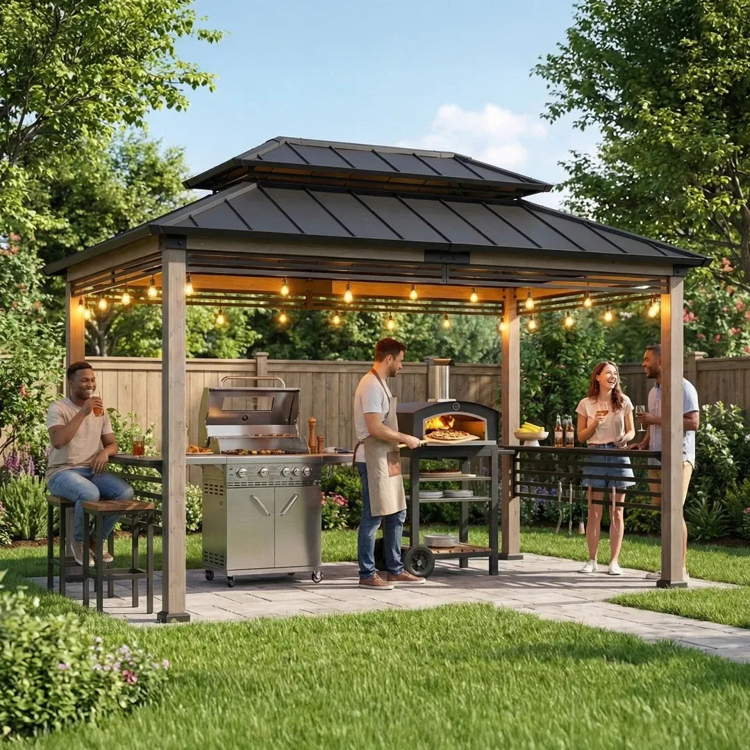 People grilling food under a wooden gazebo with string lights in a backyard setting.