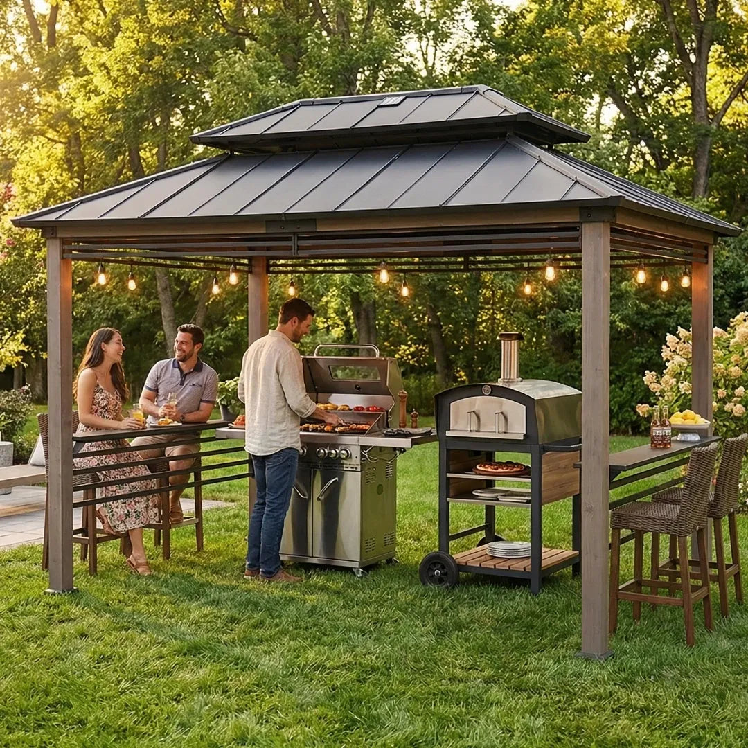 8x12 Cedar BBQ Gazebo with Solar & Shelves | SUNJOY