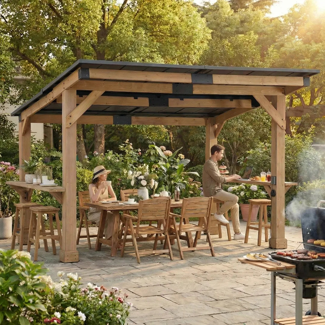 10x12 Cedar Pergola with Metal Roof, Bar Shelves & Power Port - SUNJOY