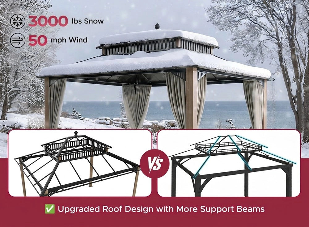 SUNJOY Kingston 12x10 Gazebo with Netting & Curtain | Steel Roof with Extra-Tall & Oversized Vent Top - Woodgrain Aluminum Posts