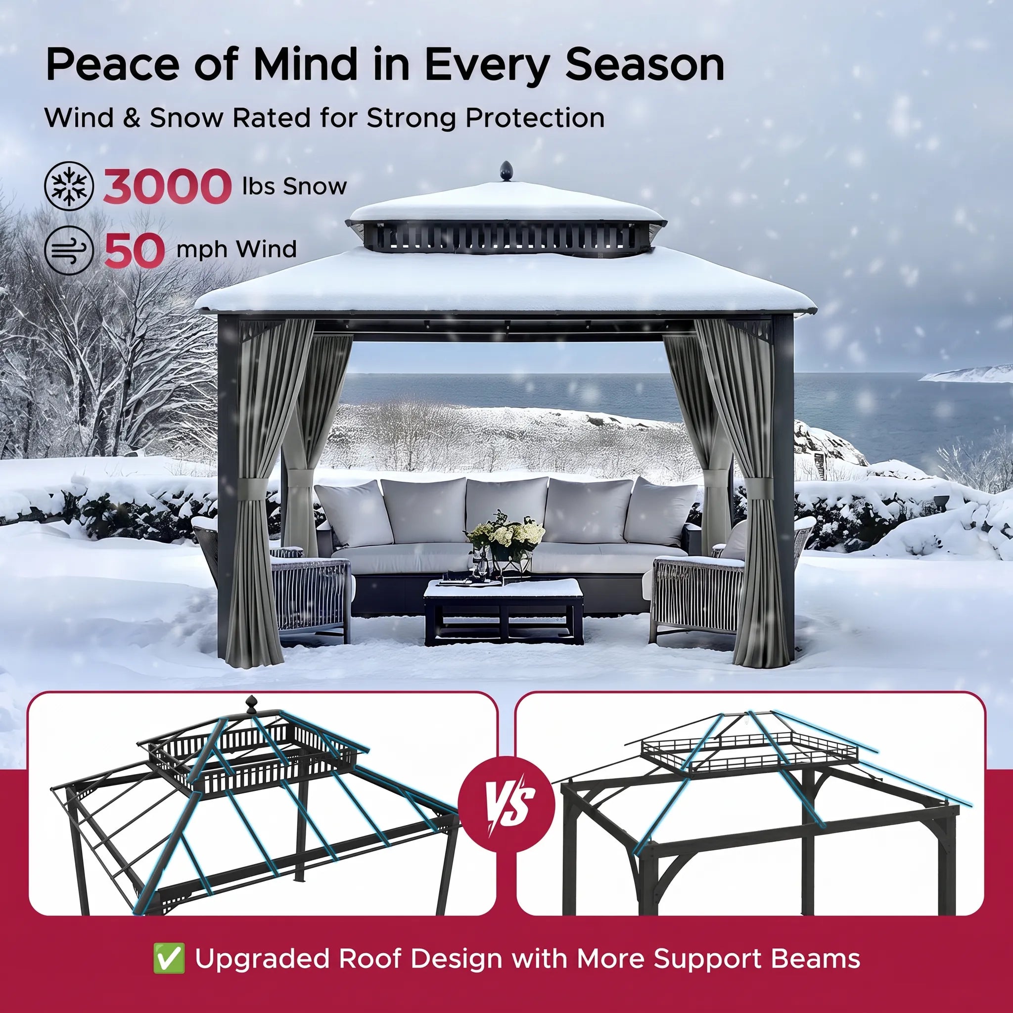 SUNJOY Kingston 12x10 Gazebo with Netting & Curtain | Steel Roof with Extra-Tall & Oversized Vent Top - Gray Aluminum Posts
