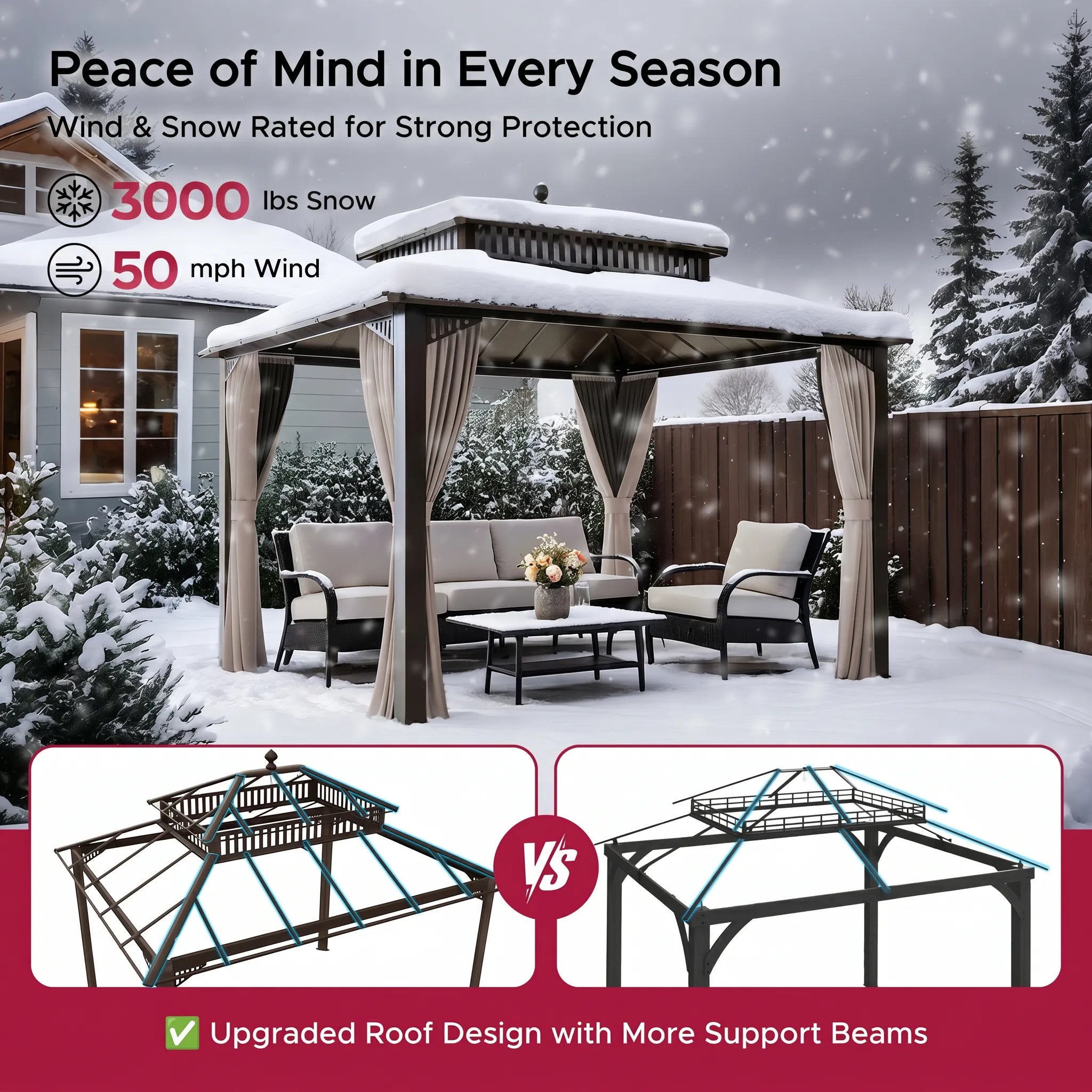 SUNJOY Kingston 12x10 Gazebo with Netting & Curtain | Steel Roof - Brown Aluminum Posts