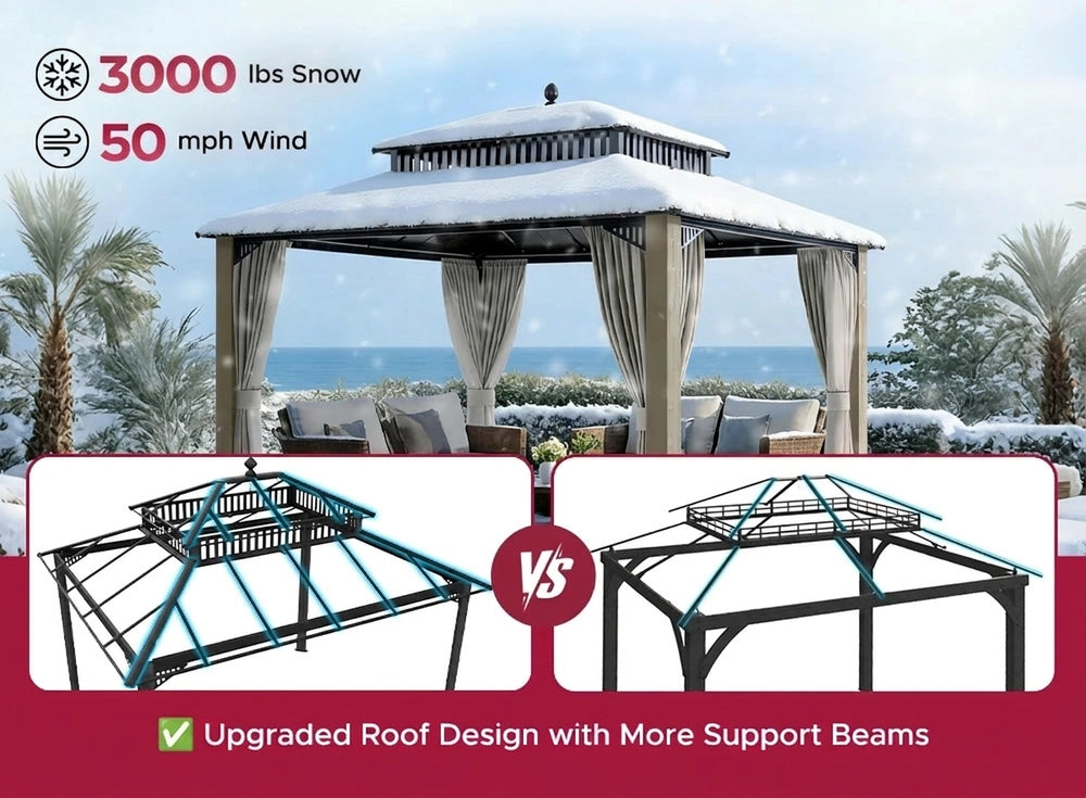 SUNJOY Kingston 12x10 Gazebo with Netting & Curtain | Steel Roof with Extra-Tall & Oversized Vent Top - Ceadr Wood Posts