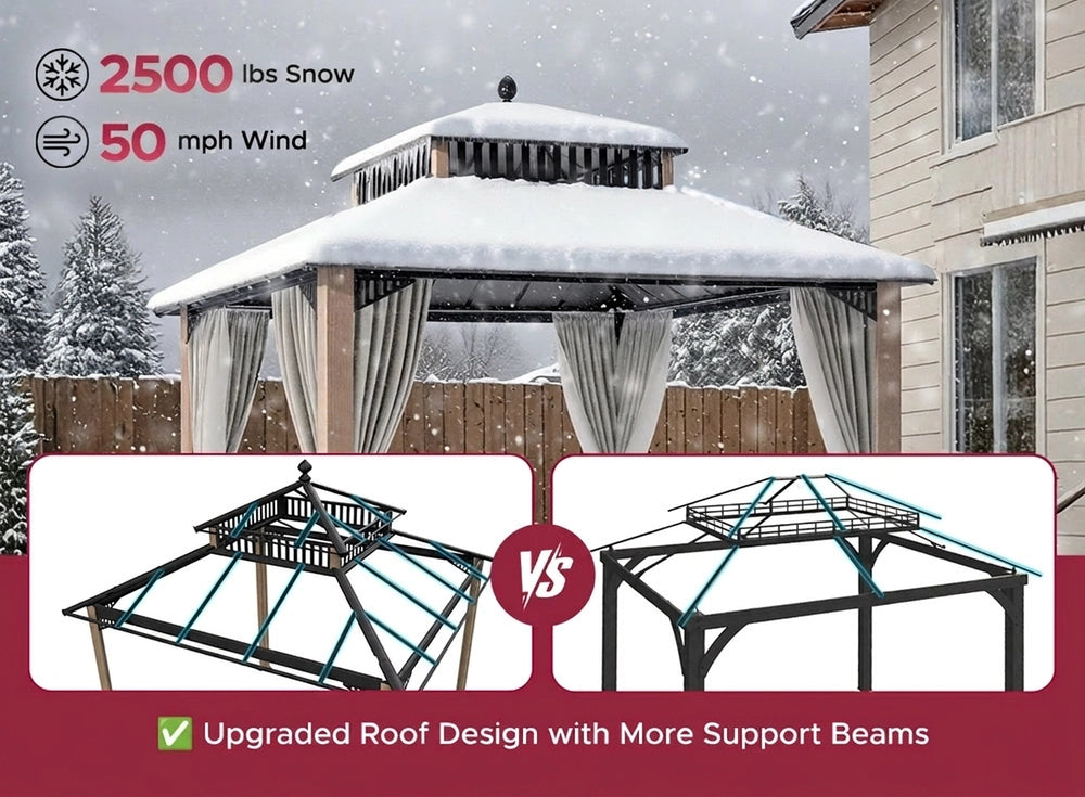 SUNJOY Kingston 10x10 Gazebo with Netting & Curtain | Steel Roof with Extra-Tall & Oversized Vent Top - Woodgrain Aluminum Posts