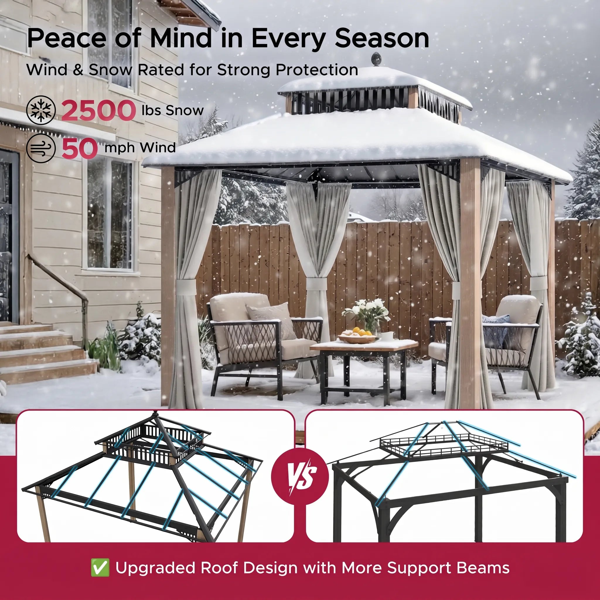 SUNJOY Kingston 10x10 Gazebo with Netting & Curtain | Steel Roof with Extra-Tall & Oversized Vent Top - Woodgrain Aluminum Posts