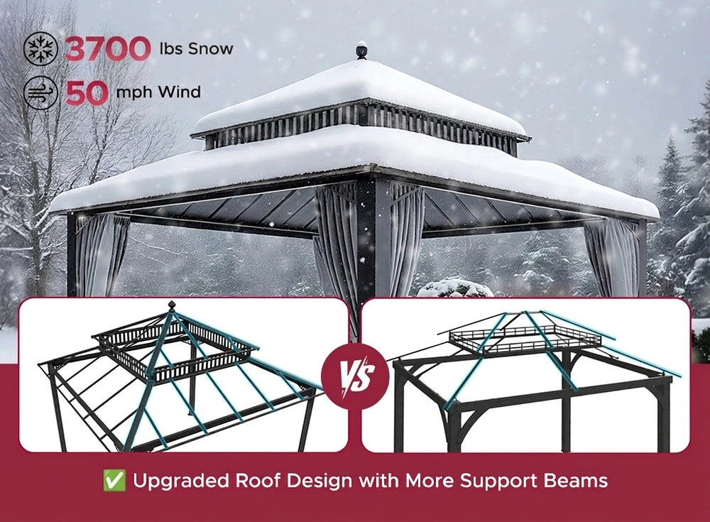 SUNJOY Kingston 12x12 Gazebo with Netting & Curtain | Steel Roof with Extra-Tall & Oversized Vent Top - Gray Aluminum Posts
