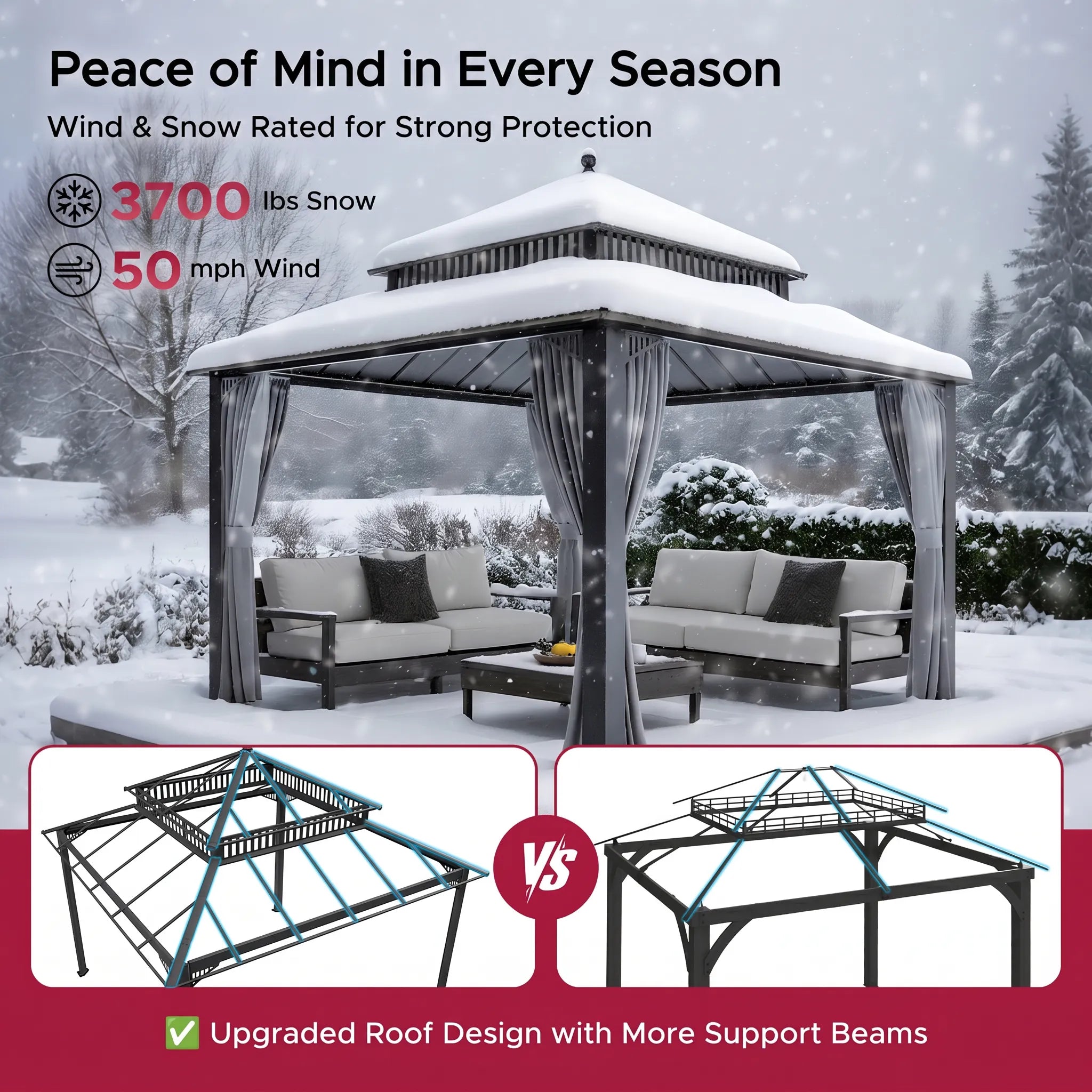 SUNJOY Kingston 12x12 Gazebo with Netting & Curtain | Steel Roof with Extra-Tall & Oversized Vent Top - Gray Aluminum Posts