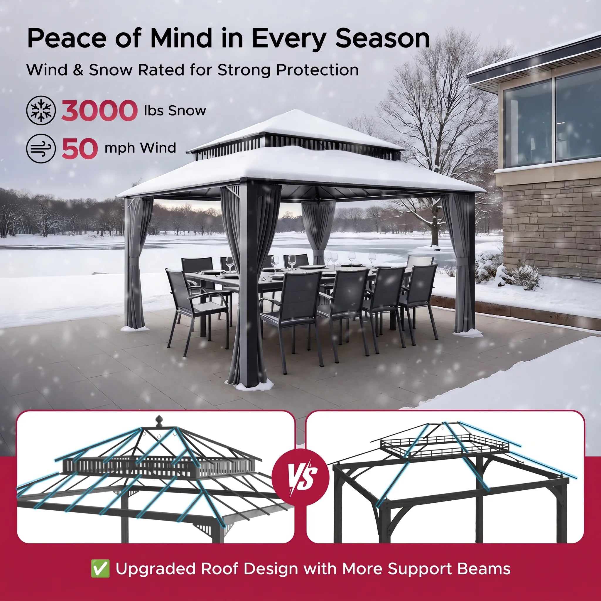 SUNJOY Kingston 12x14 Gazebo with Netting & Curtain | Steel Roof with Extra-Tall & Oversized Vent Top - Gray Aluminum Posts