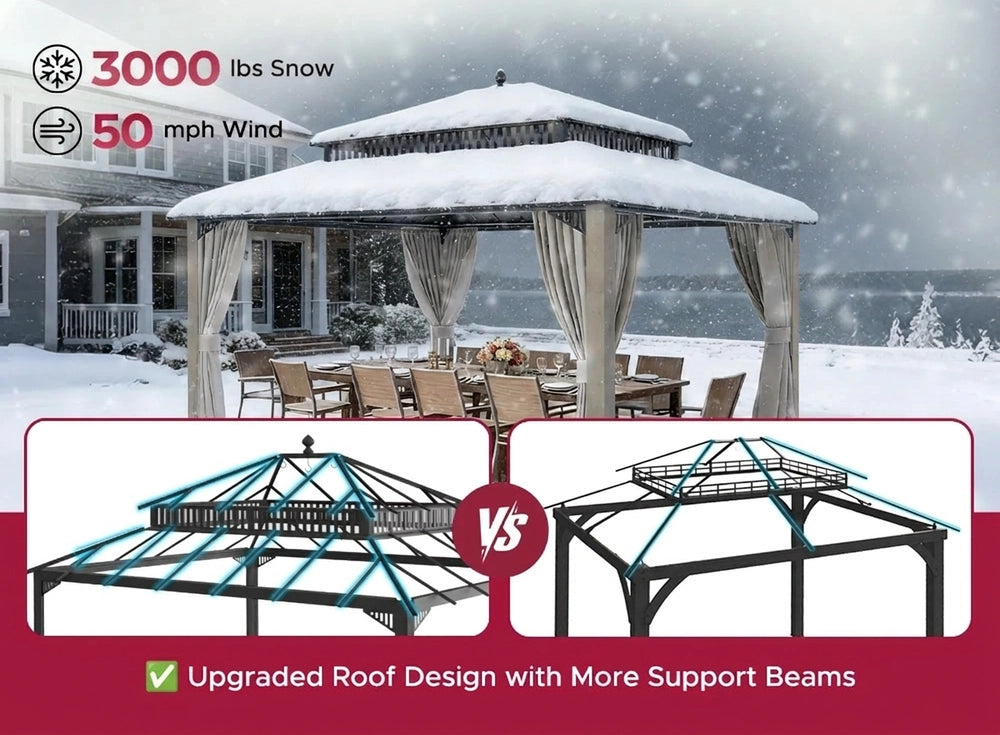 SUNJOY Kingston 12x14 Gazebo with Netting & Curtain | Steel Roof with Extra-Tall & Oversized Vent Top - Cedar Wood Posts