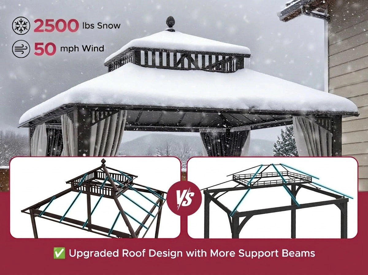 SUNJOY Kingston 10x10 Gazebo with Netting & Curtain | Steel Roof with Extra-Tall & Oversized PC Vent Top - Brown Aluminum Posts