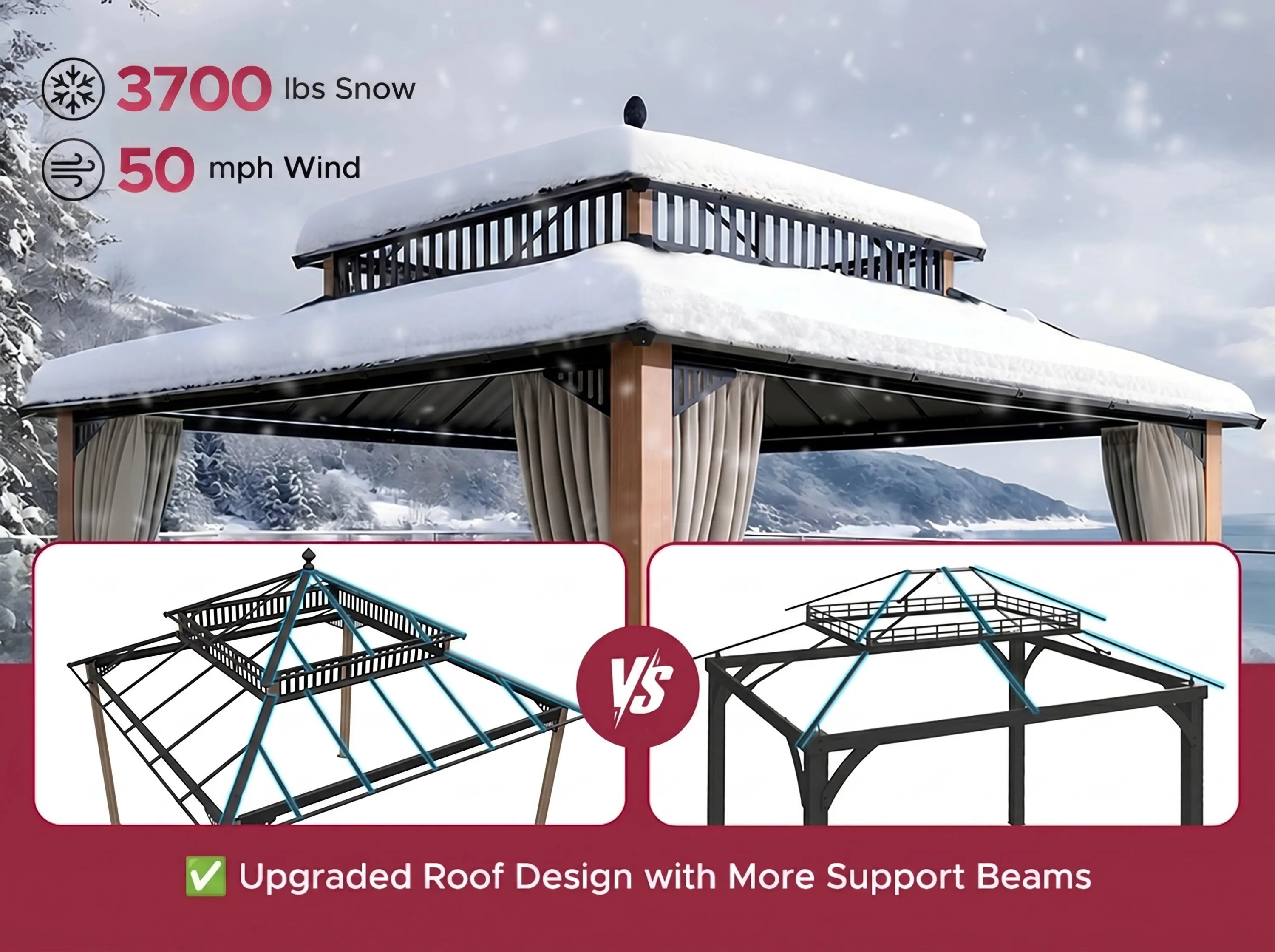 SUNJOY Kingston 12x12 Gazebo with Netting & Curtain | Steel Roof with Extra-Tall & Oversized PC Vent Top - Woodgrain Aluminum Posts