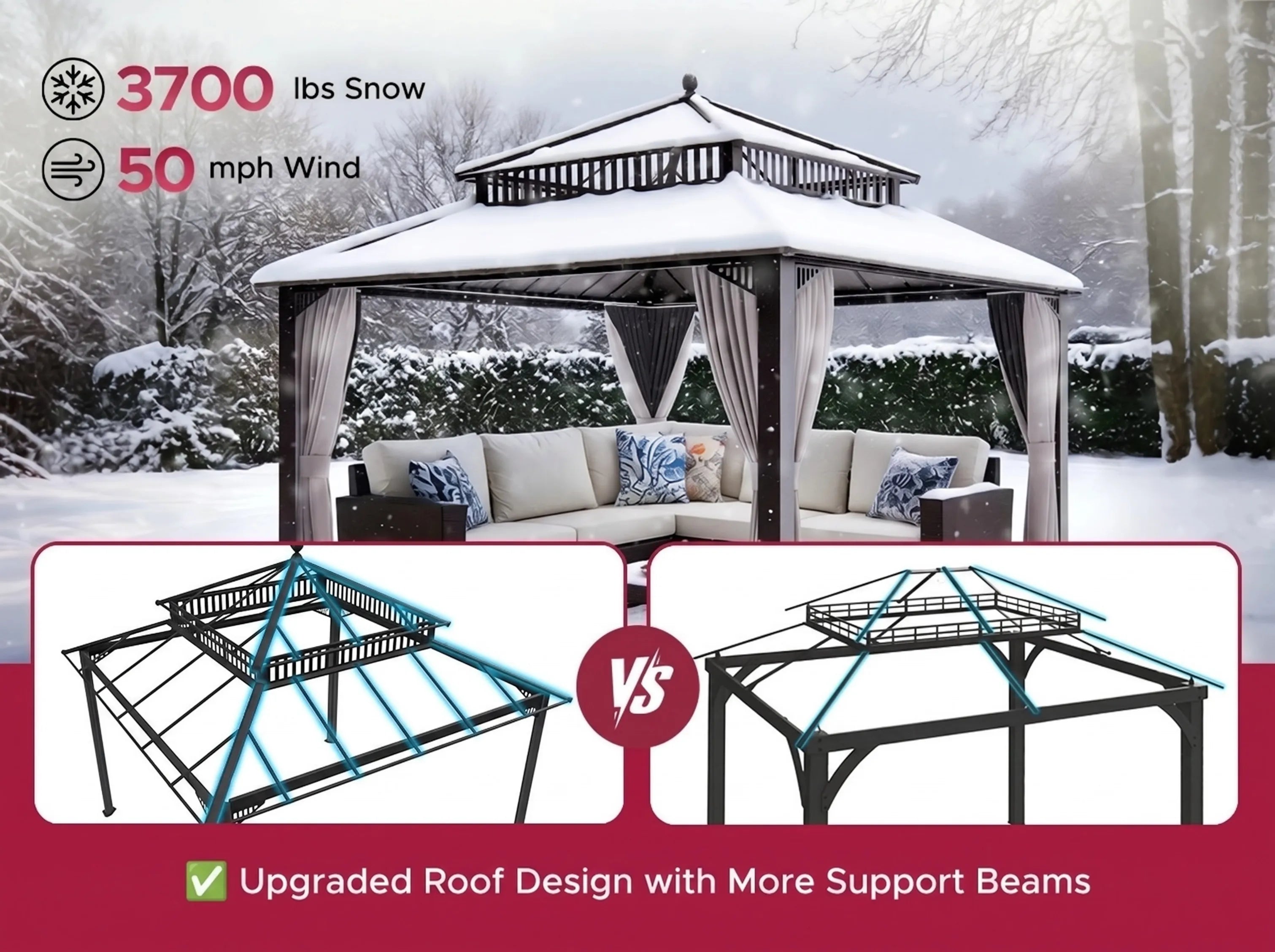 SUNJOY Kingston 12x12 Gazebo with Netting & Curtain | Steel Roof with Extra-Tall & Oversized PC Vent Top - Brown Aluminum Posts