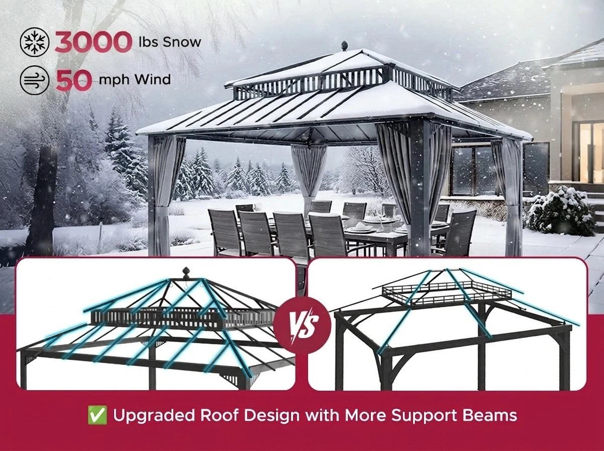 SUNJOY Kingston 12x14 Gazebo with Netting & Curtain | Steel Roof with Extra-Tall & Oversized PC Vent Top - Gray Aluminum Posts