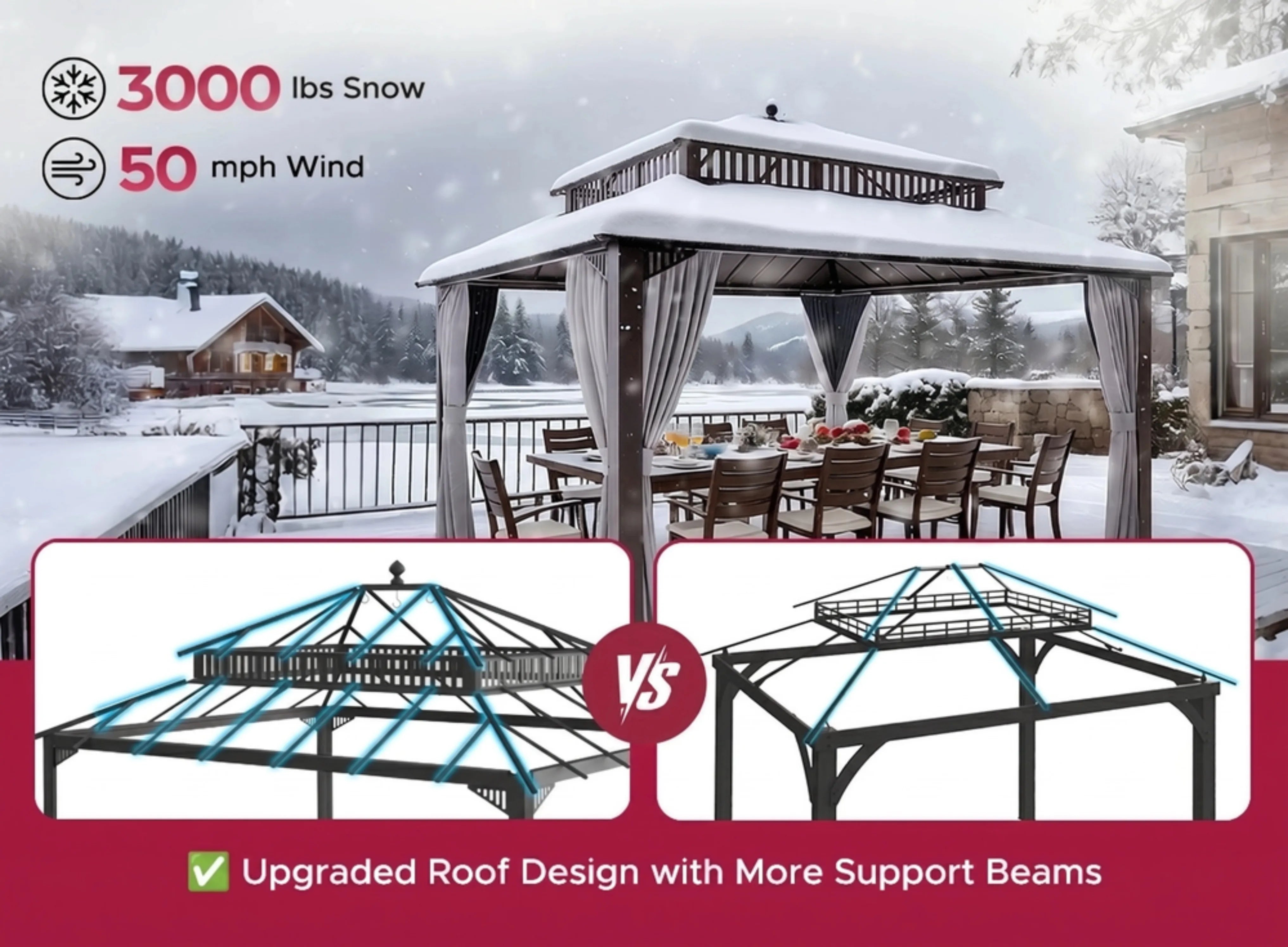 SUNJOY Kingston 12x14 Gazebo with Netting & Curtain | Steel Roof with Extra-Tall & Oversized PC Vent Top - Brown Aluminum Posts