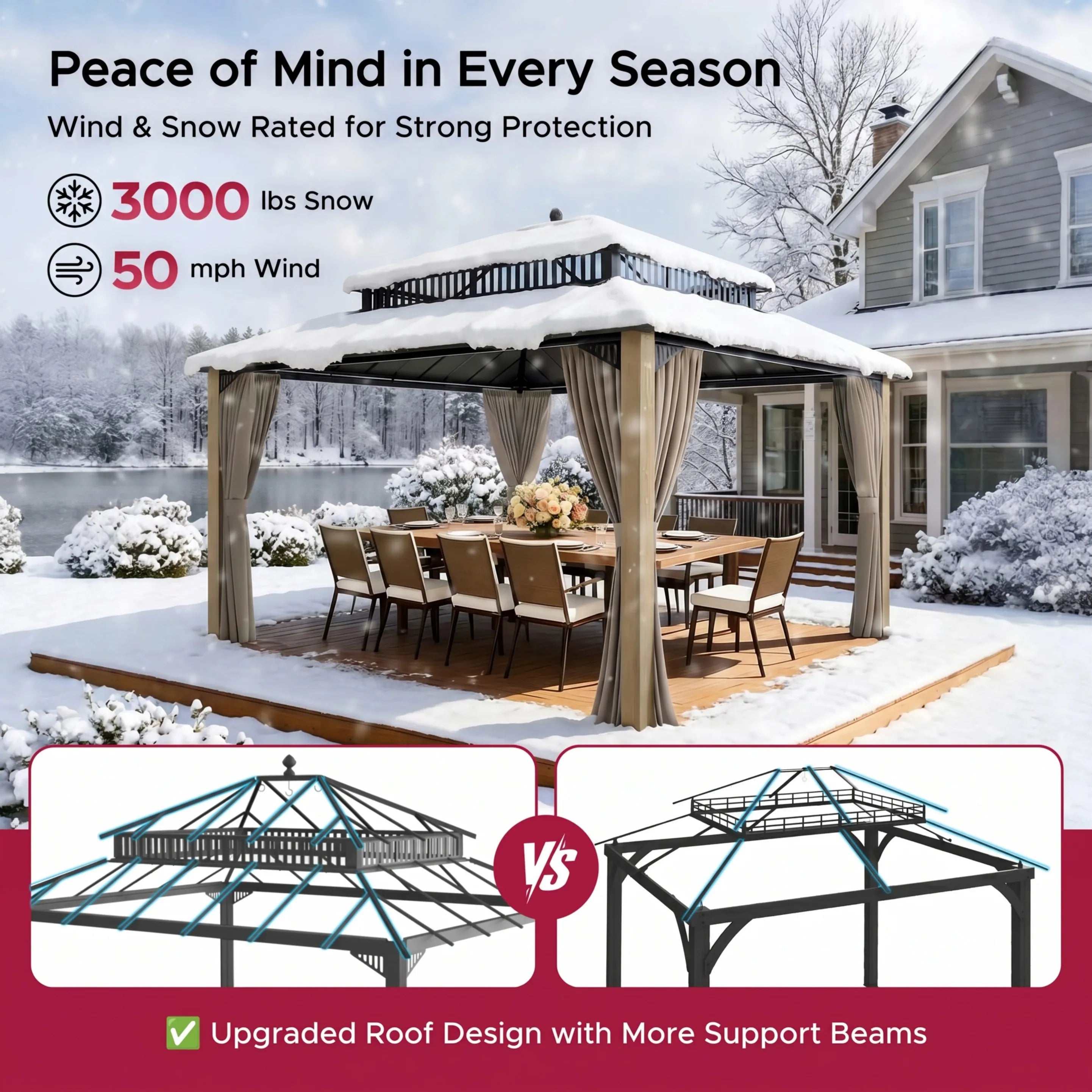 SUNJOY Kingston 12x14 Gazebo with Netting & Curtain | Steel Roof with Extra-Tall & Oversized PC Vent Top - Cedar Wood Posts