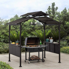 Sunjoy Outdoor Patio 5x8 Brown 2-Tier Steel Backyard Hardtop Grill Gazebo with Metal Ceiling Hook and Bar Shelves.