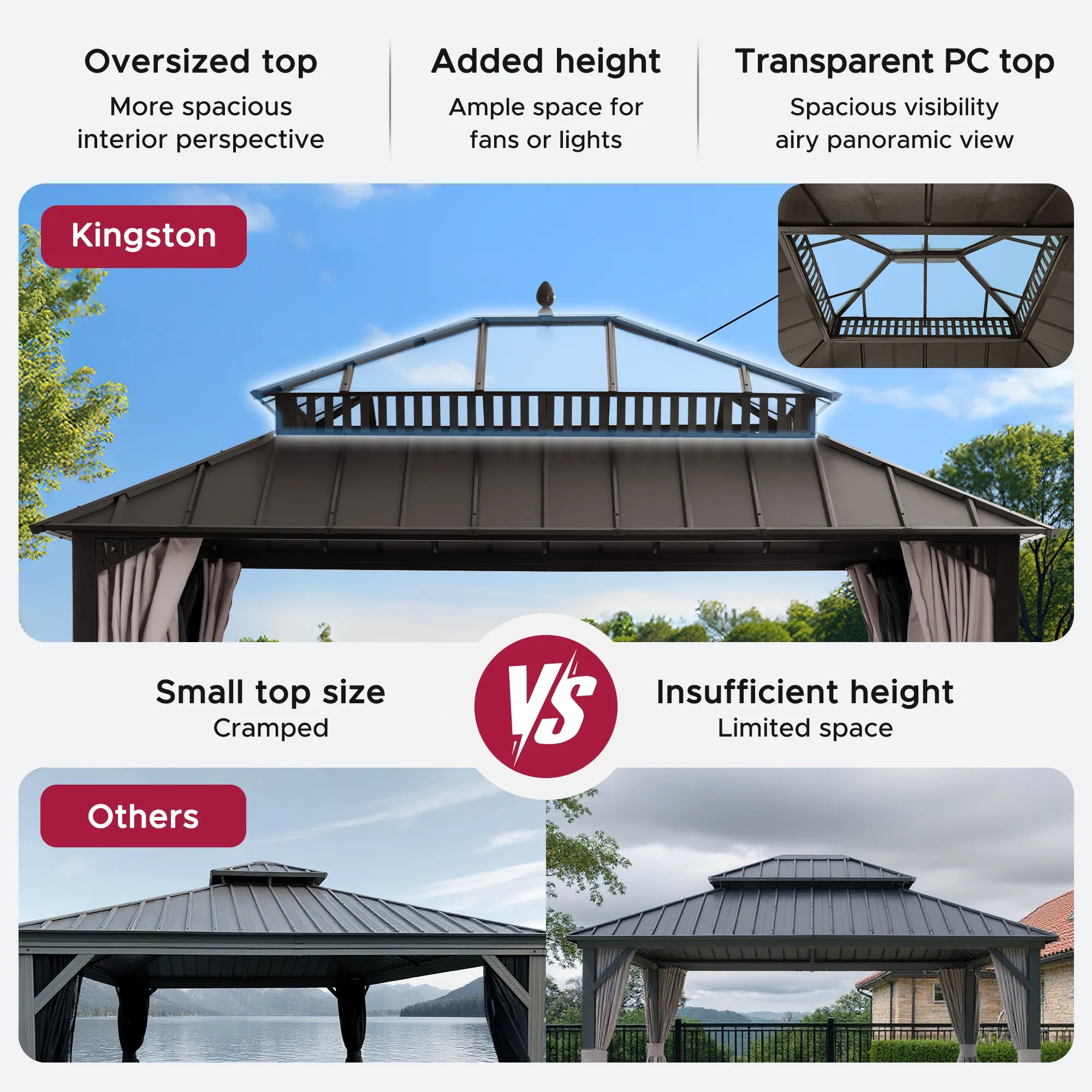 SUNJOY Kingston 12x14 Gazebo with Netting & Curtain | Steel Roof with Extra-Tall & Oversized PC Vent Top - Brown Aluminum Posts