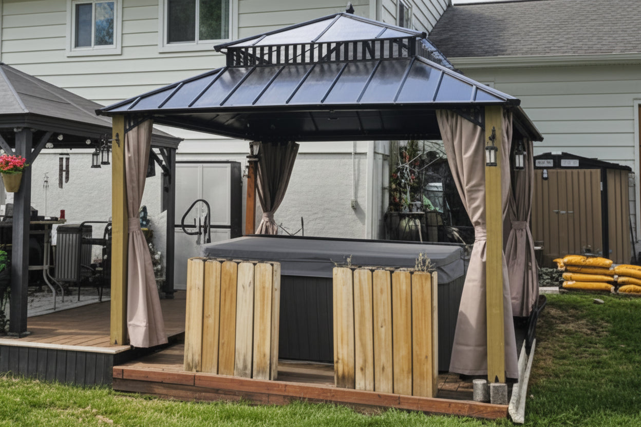 A backyard scene showing a house with two outdoor cabanas or gazebos on a grassy lawn under a blue sky with clouds. The gazebo structure has a dark metal roof, wooden posts.