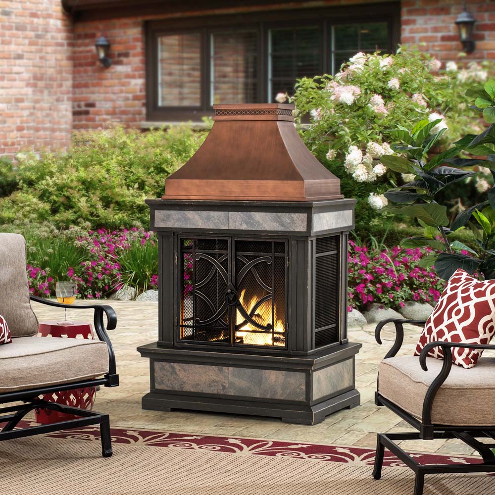 Sunjoy Outdoor 57 in. Steel Wood Burning Fireplace with Fire Poker and Rain Cover.