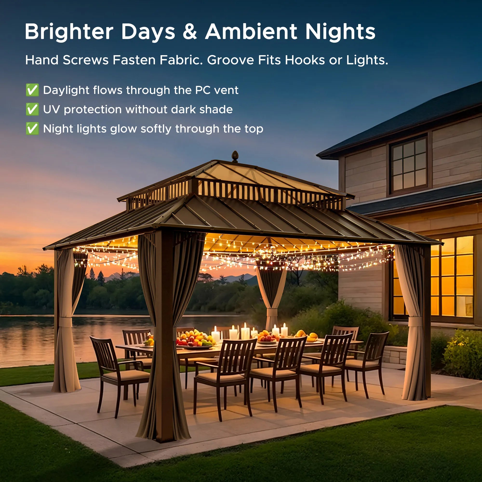 SUNJOY Kingston 12x14 Gazebo with Netting & Curtain | Steel Roof with Extra-Tall & Oversized PC Vent Top - Brown Aluminum Posts