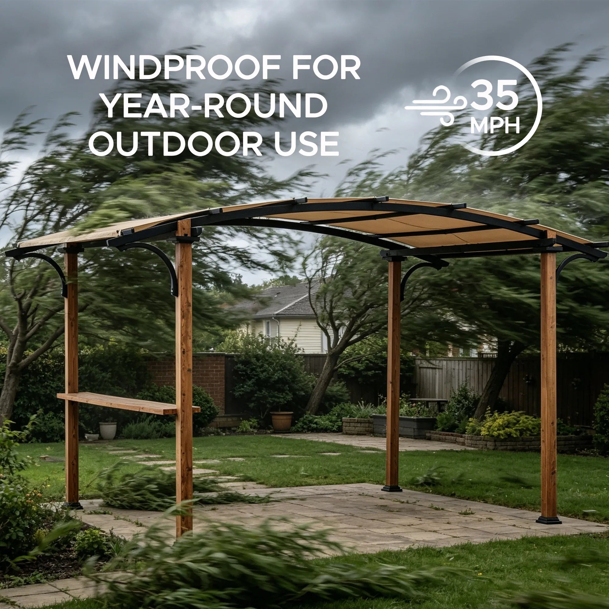 SUNJOY 9x13 Modern Arched Metal Pergola with Tan Heavy-duty Textilene Fabric Canopy and Bar Shelf