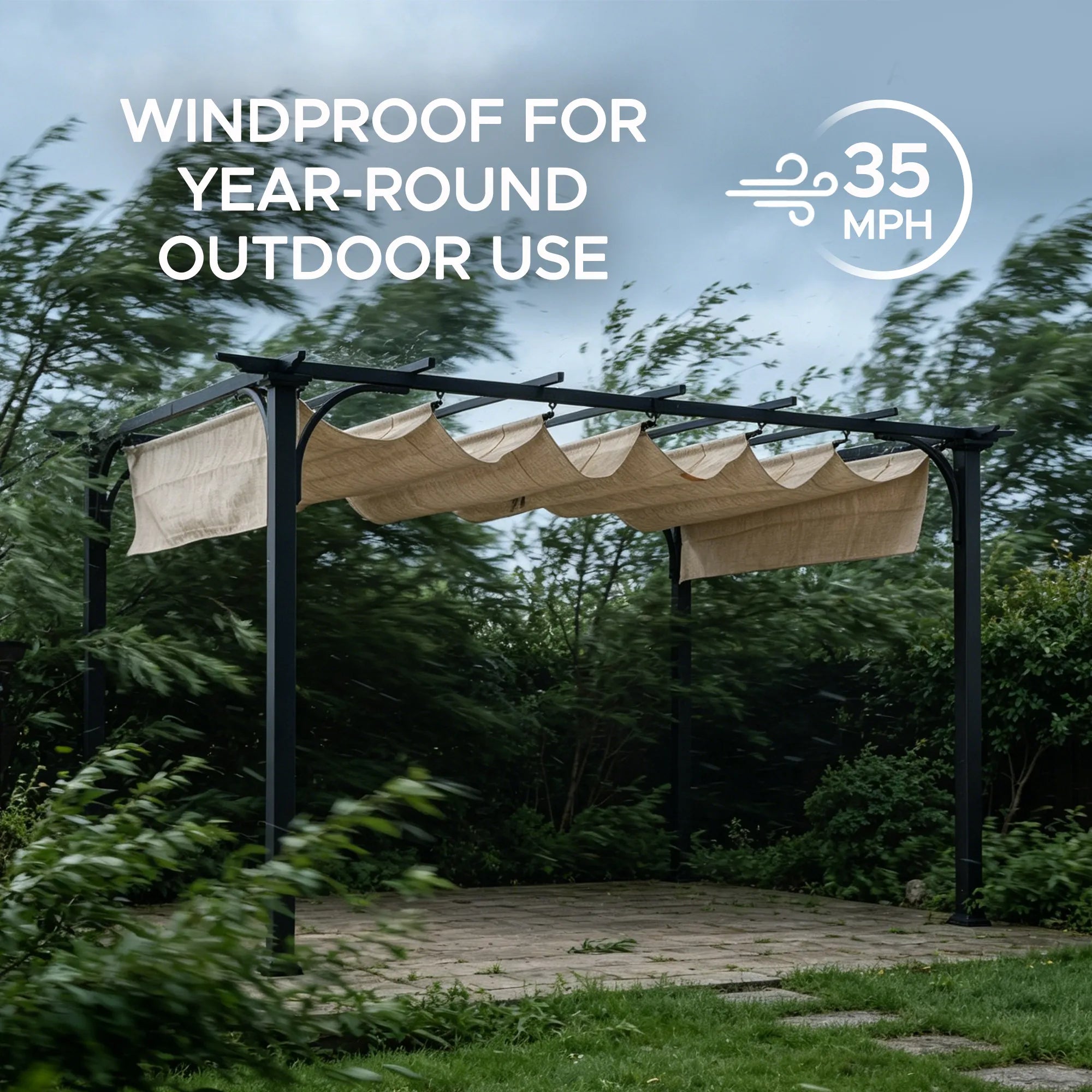 SUNJOY 9x12 Steel Retractable Pergola with Beige Roof for Backyard