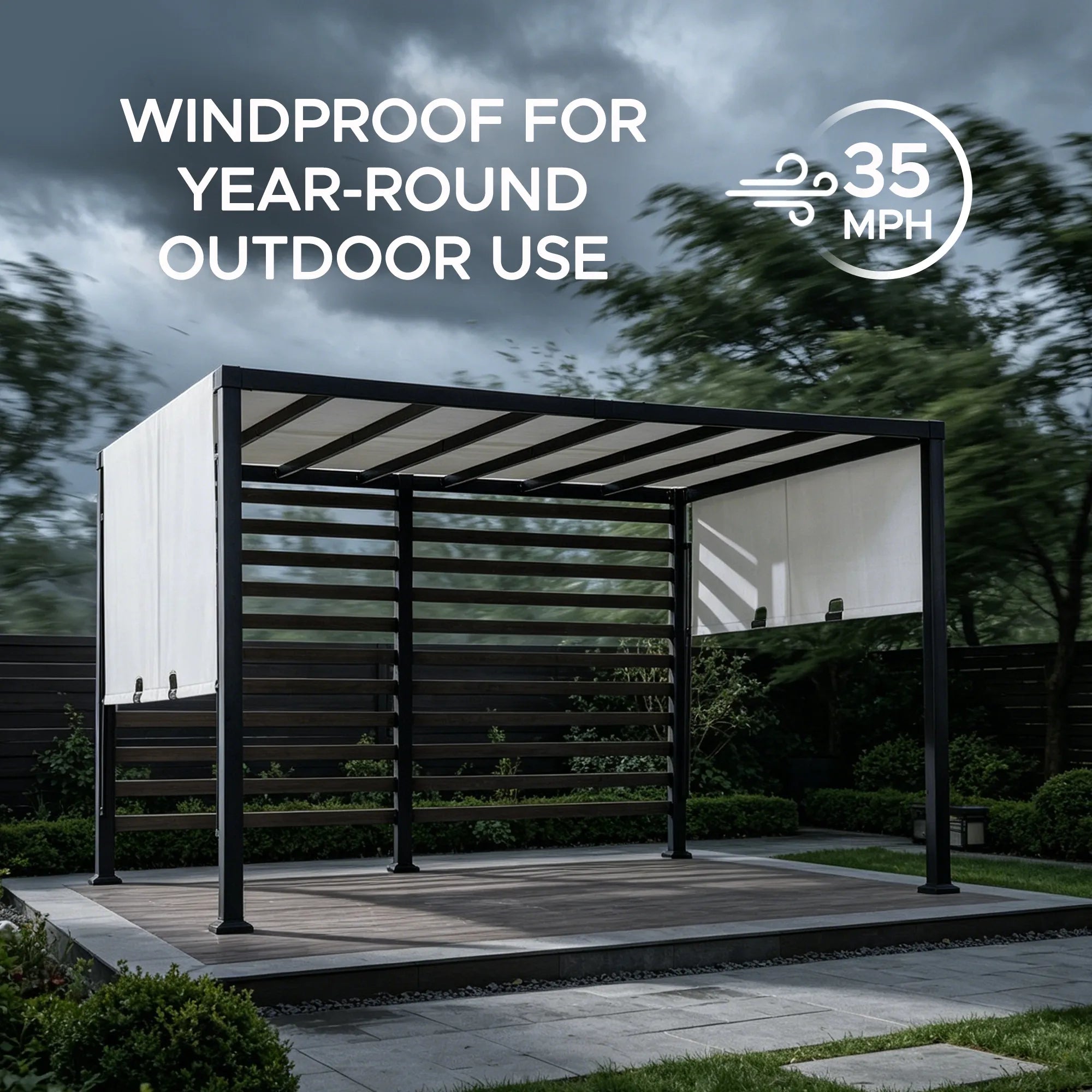 SUNJOY 10x12 Steel Pergola Kit  with White Adjustable Canopy and Privacy Wall
