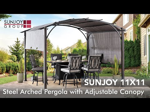 SUNJOY 9.5x11.5 Patio Pergola with Sliding Canopy and Woodgrain Metal Frame