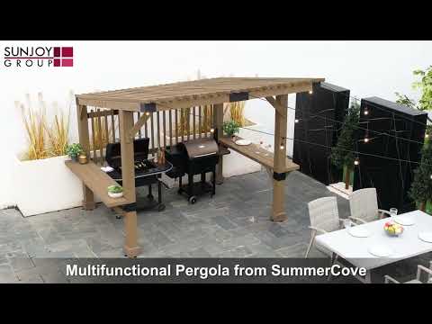 Sunjoy Outdoor Patio Grill Gazebo 10 ft. x 11 ft. Wooden Frame Hot Tub  Pergola Kit with Privacy Screen and Large Bar Shelves A106008500 - The Home  Depot