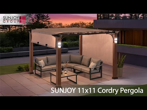 Product Show of SUNJOY 11x11 Wood-Look Finish Metal Pergola with Sliding Canopy & Solar Lights