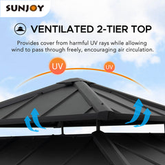 Sunjoy Outdoor Patio 11x11 Black 2-Tier Wooden Frame Backyard Hardtop Gazebo with Ceiling Hook.