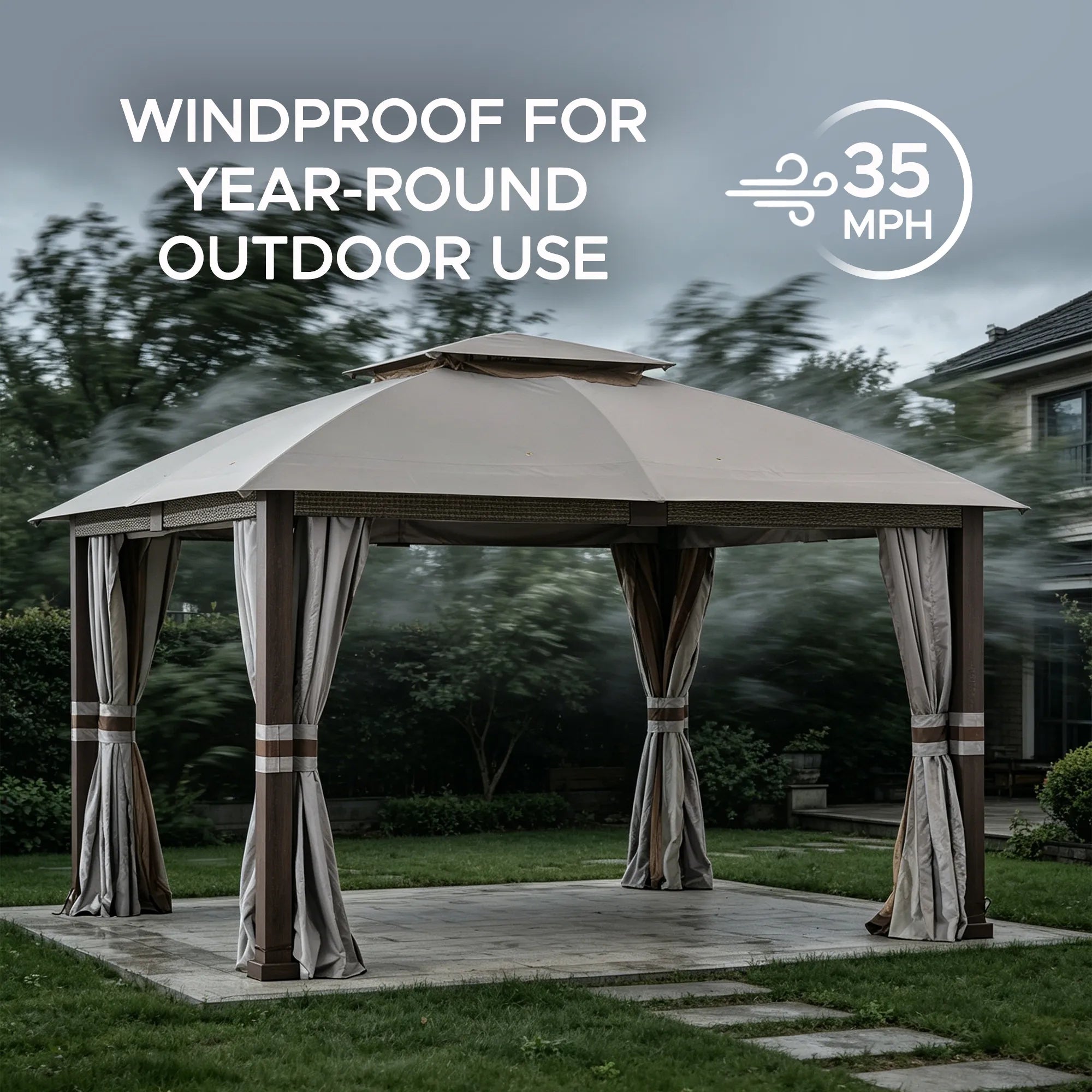 SUNJOY Outdoor Patio Steel Frame 11x13 Gazebo 2-Tier Soft Top Gazebo with Netting and Curtains - Light Gray