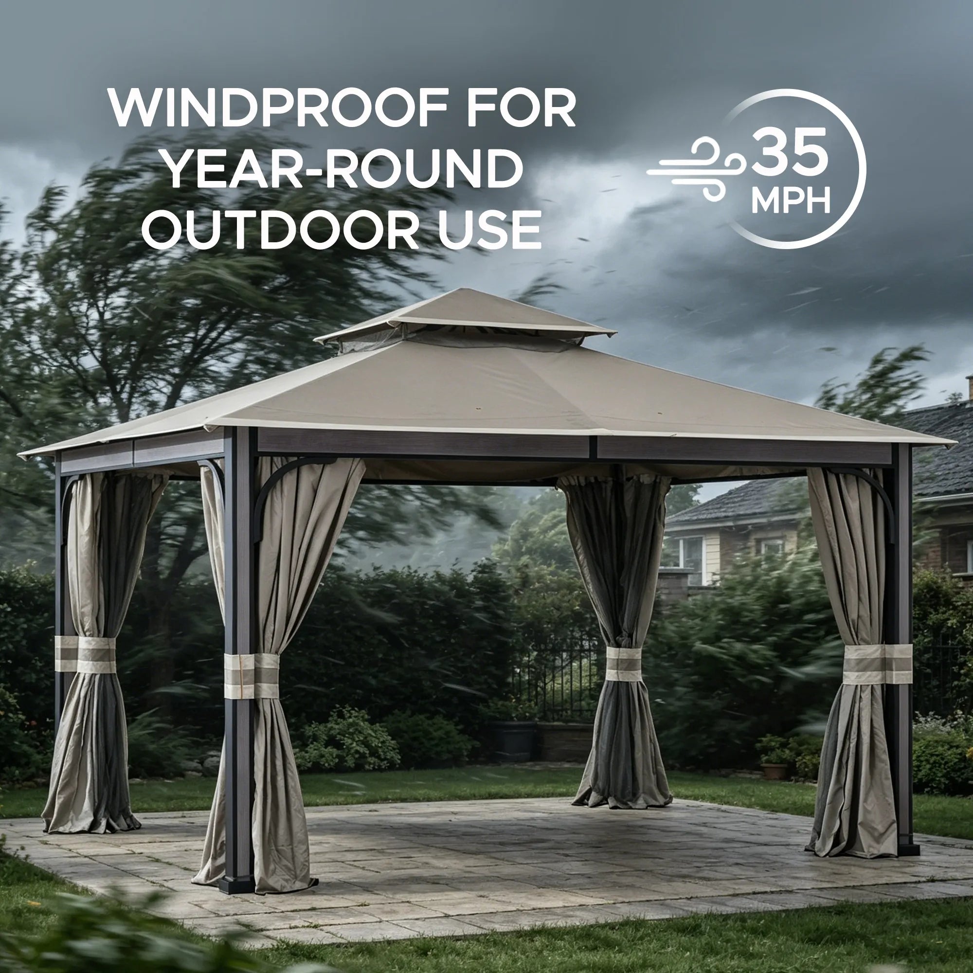 SUNJOY 11x13 Soft Top Gazebo with Netting & Curtains, Patio Gazebo with 2-Tier Roof and Ceiling Hook - Light Gray