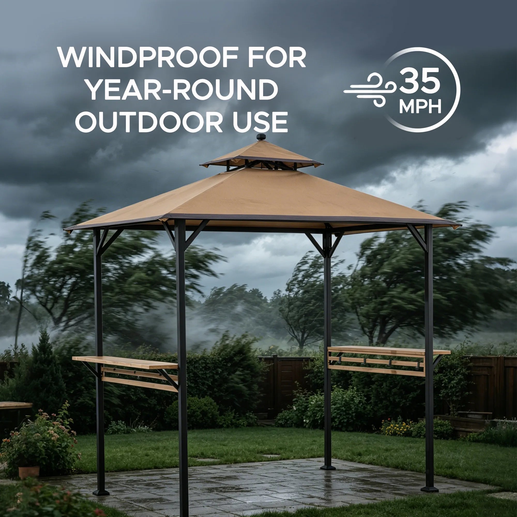 SUNJOY Outdoor Patio 8x5 Khaki 2-Tier Steel Backyard Soft Top Grill Gazebo with Bar Shelves and Hooks