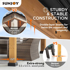Sunjoy Outdoor Patio 11x13 Black 2-Tier Wooden Frame Backyard Hardtop Gazebo with Ceiling Hook.