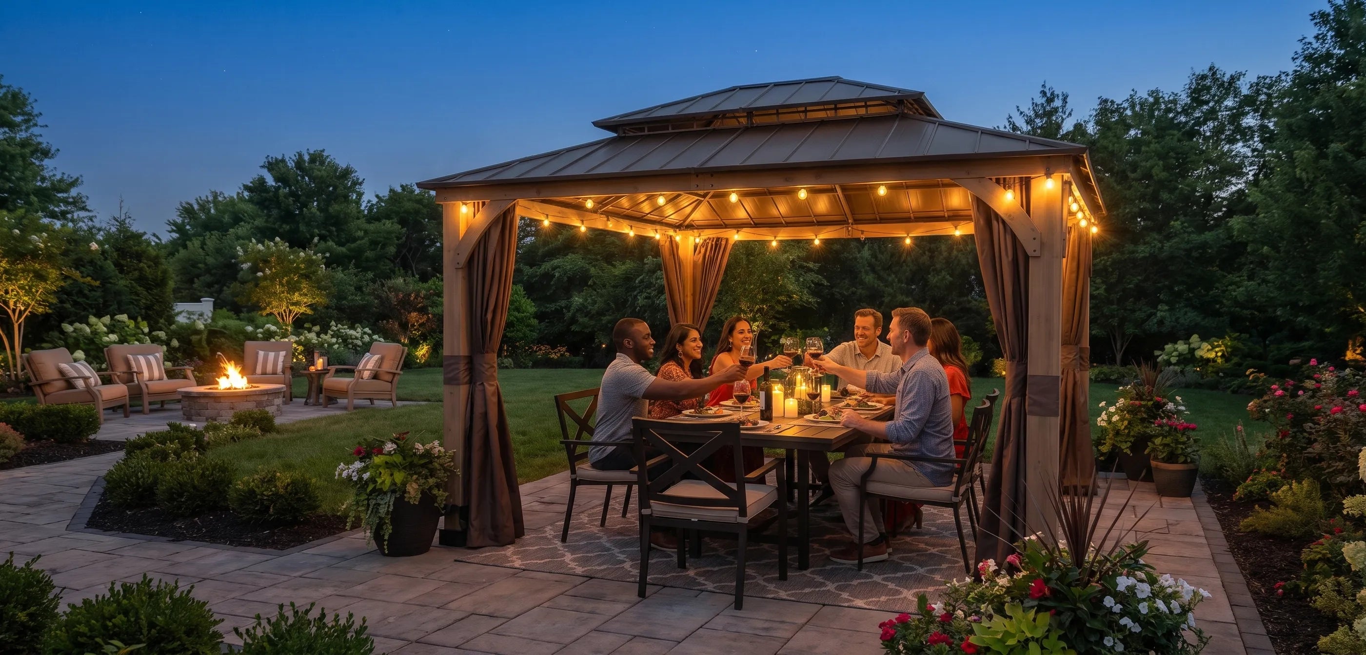 A wooden outdoor gazebo with string lights is set in a landscaped backyard patio at dusk, with a group of people dining inside. The gazebo features a tiered roof, draped curtains, and warm ambient lighting.