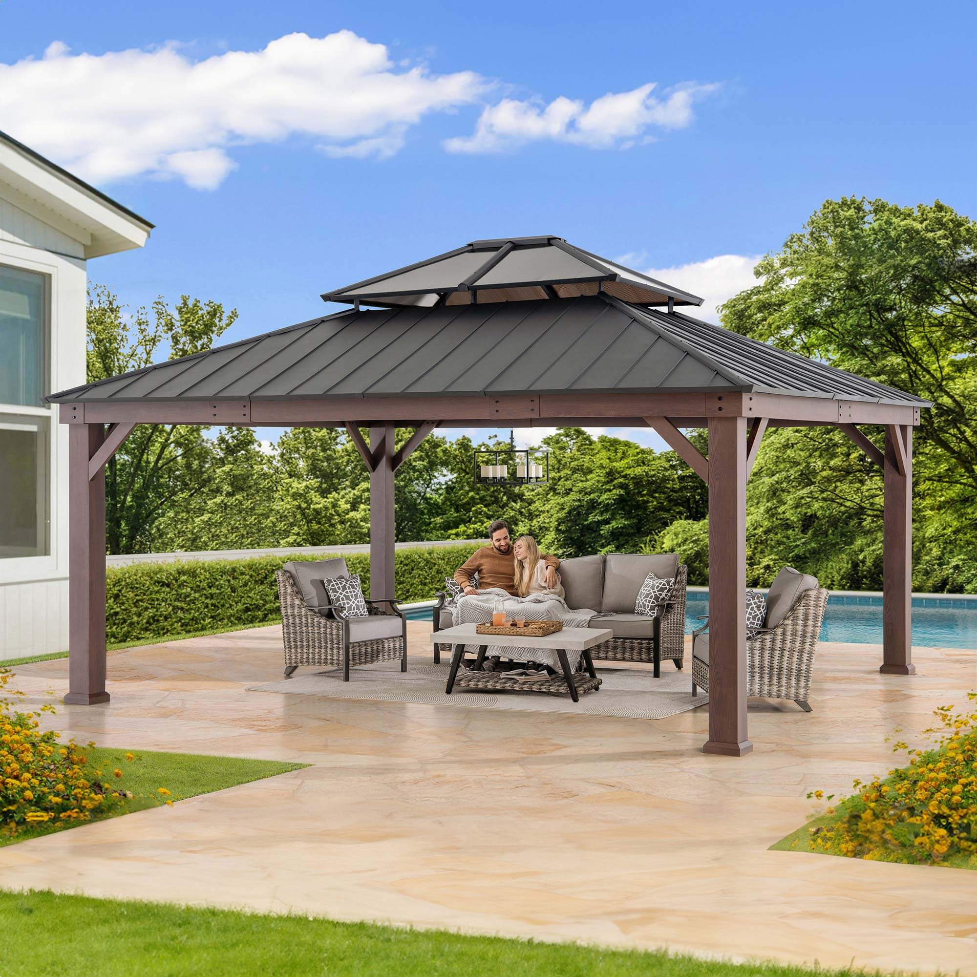 サンゴ Sunjoy 16' x 18' Fenwick Hardtop Gazebo – Steel Roof & Aluminum Frame