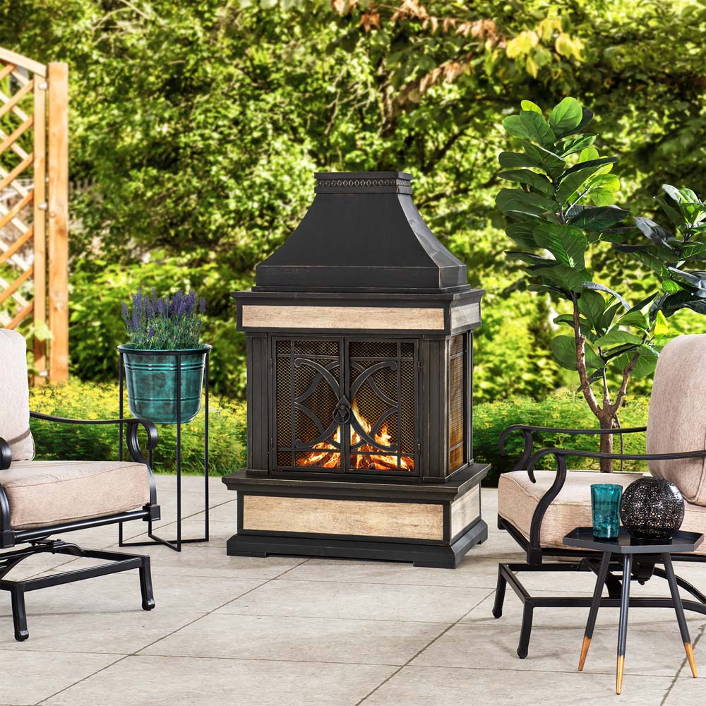 Sunjoy Outdoor 57 in. Steel Wood Burning Fireplace with Fire Poker and Rain Cover.