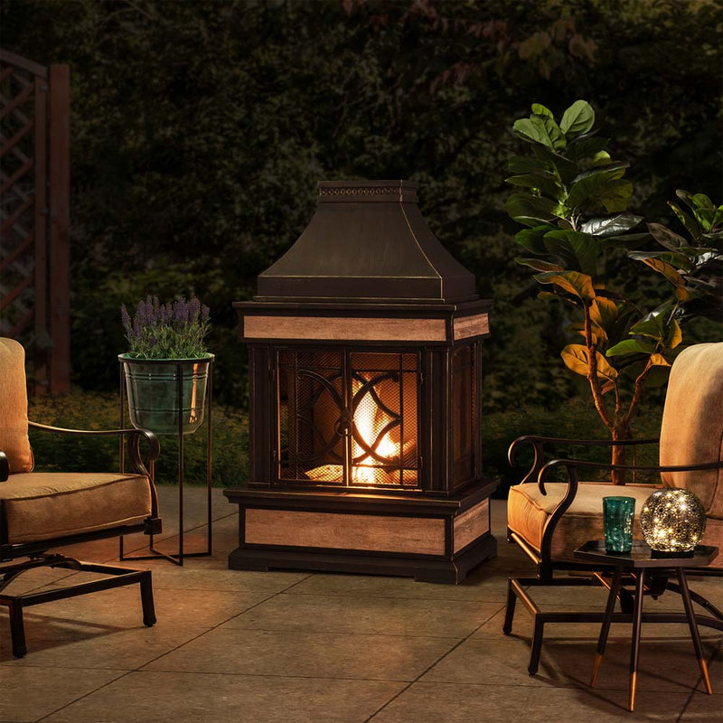 Sunjoy Outdoor Fireplace with Mesh Screen Doors and Fireplace Tools