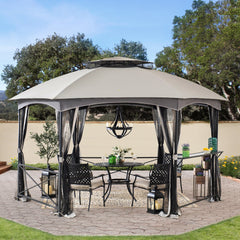 Sunjoy 14.7 ft. x 14.7 ft. 2-tone Gray Hexagon Steel Gazebo with 2-tier Dome Roof  and Netting and Corner Fence Structures.
