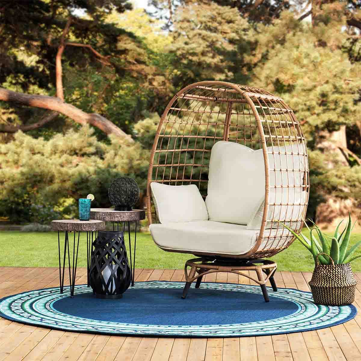 Sunjoy Outdoor Patio Metal Framed Wicker Swivel Egg Chair with Cushion