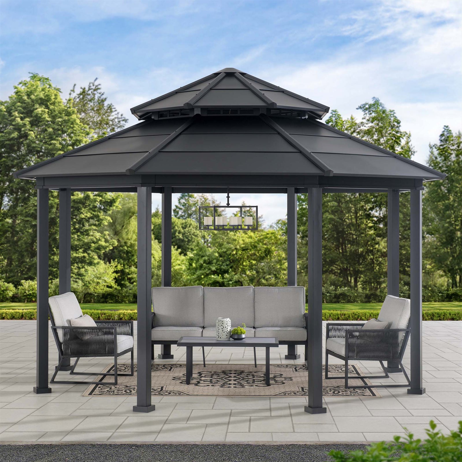 Sunjoy 15x15 ft. Outdoor Hardtop Gazebo, Octagon Double Tiered Metal