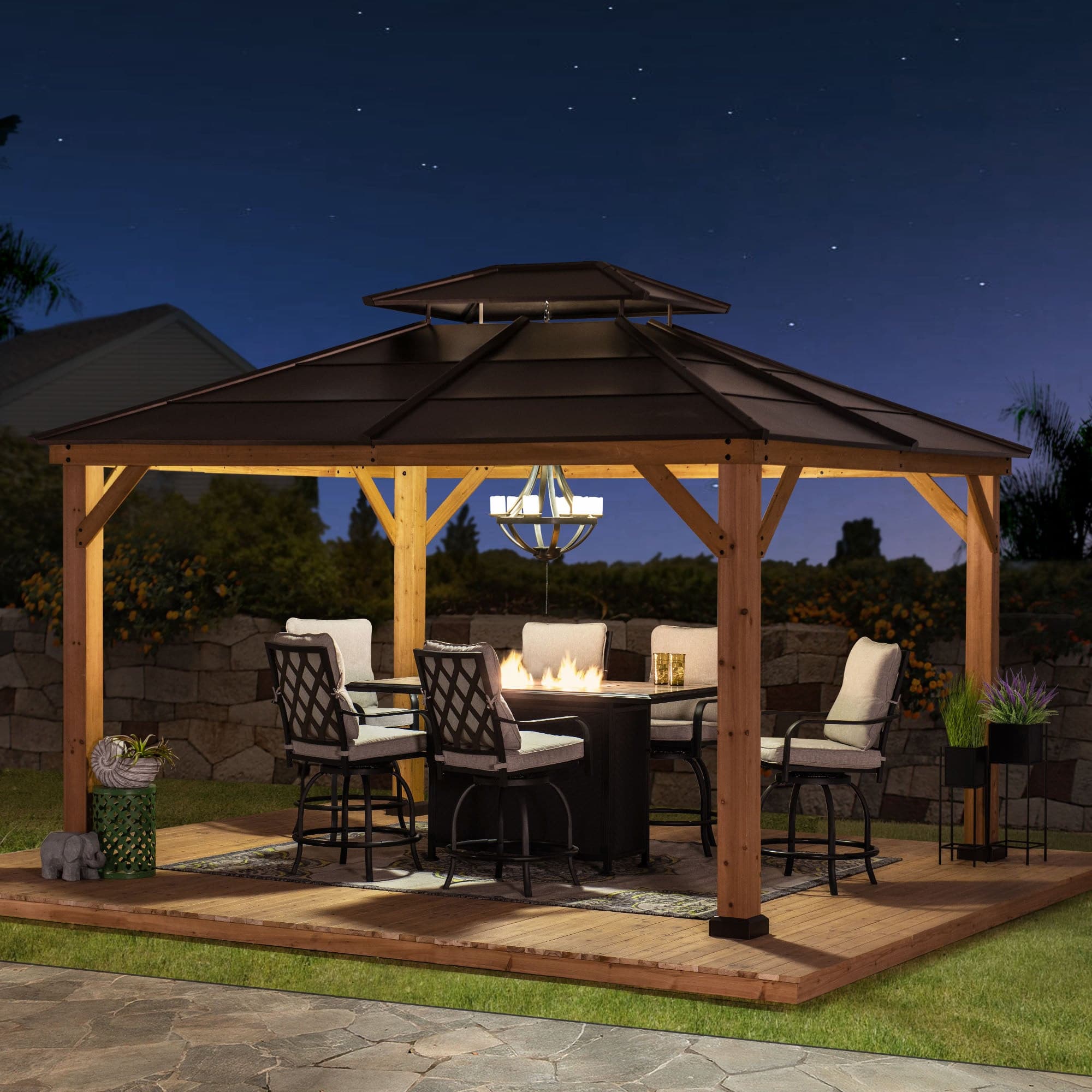 SUNJOY Outdoor Patio 11x13 Brown 2-Tier Wooden Frame Backyard Hardtop ...