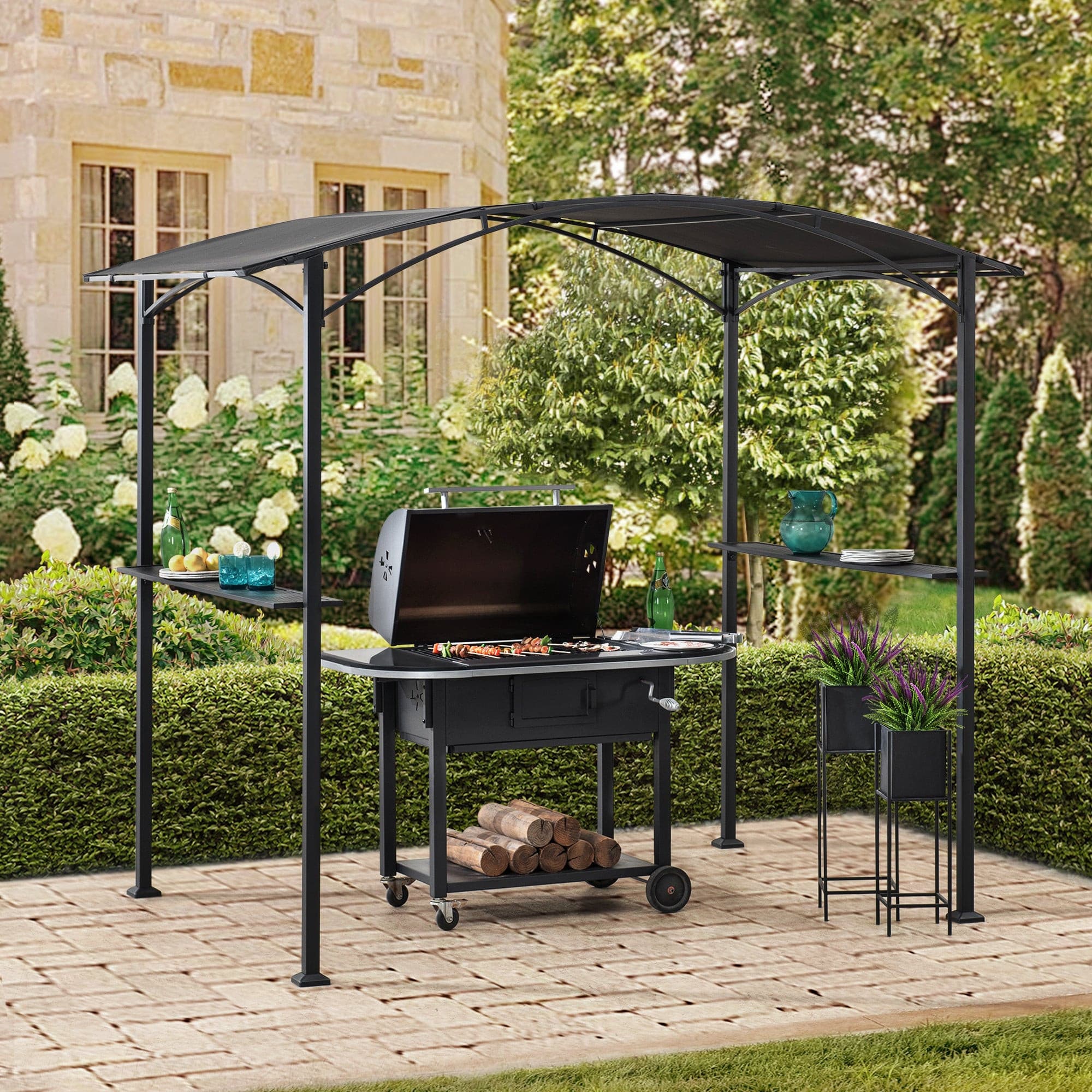 SUNJOY 5x8 Outdoor Grill Gazebo with Arch Canopy and Bar Shelves.