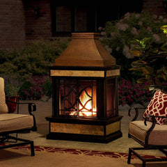 Sunjoy Outdoor Fireplace with Mesh Screen Doors and Fireplace Tools.