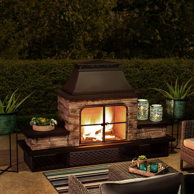 Sunjoy Outdoor Stone Fireplace with Mesh Screen Doors, Fireplace Tools